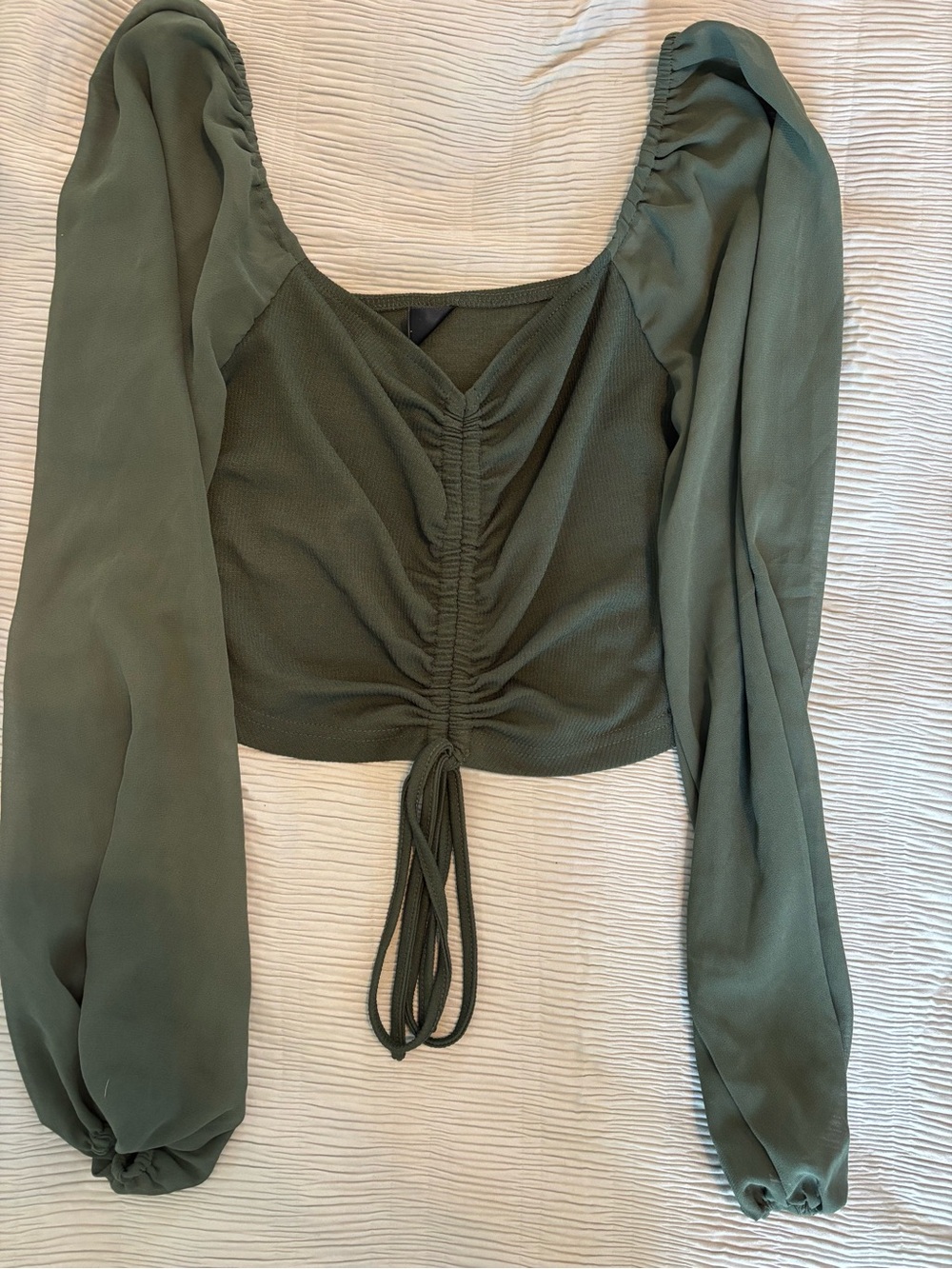 SHEIN Olive Green Ruched Drawstring Puff Sleeve Crop Top